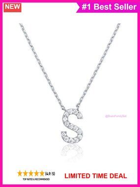 Initial S Pendant Necklace White Gold Plated CZ 18 Inch Extender